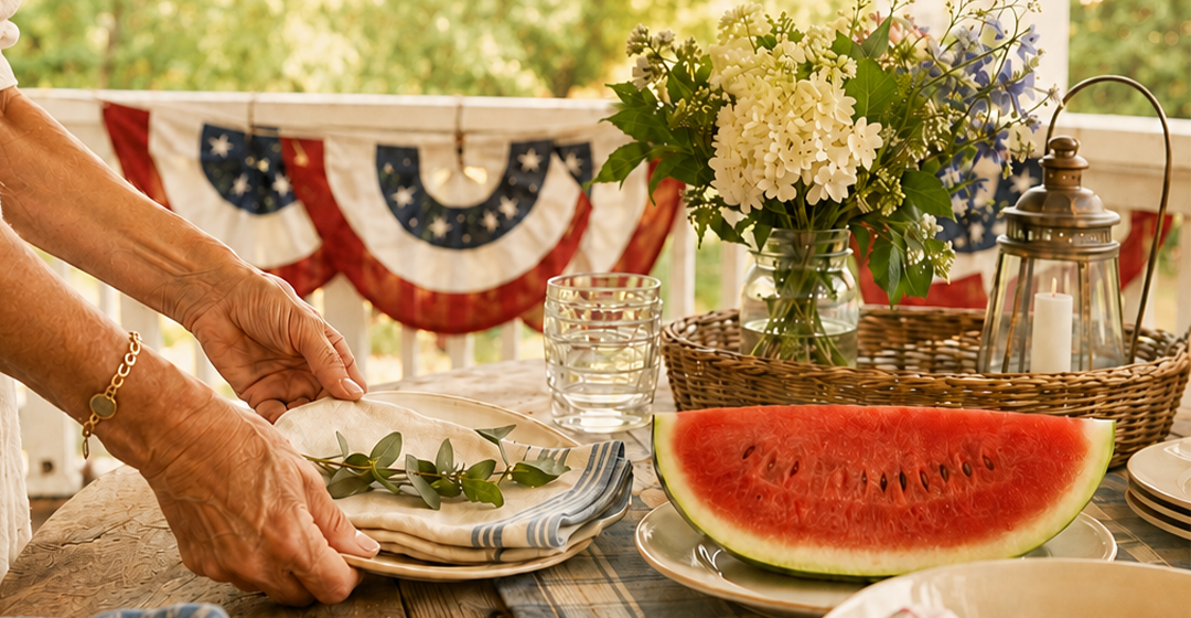 Hands setting table on porch decorated with bunting. Flowers and watermelon slice on the table.