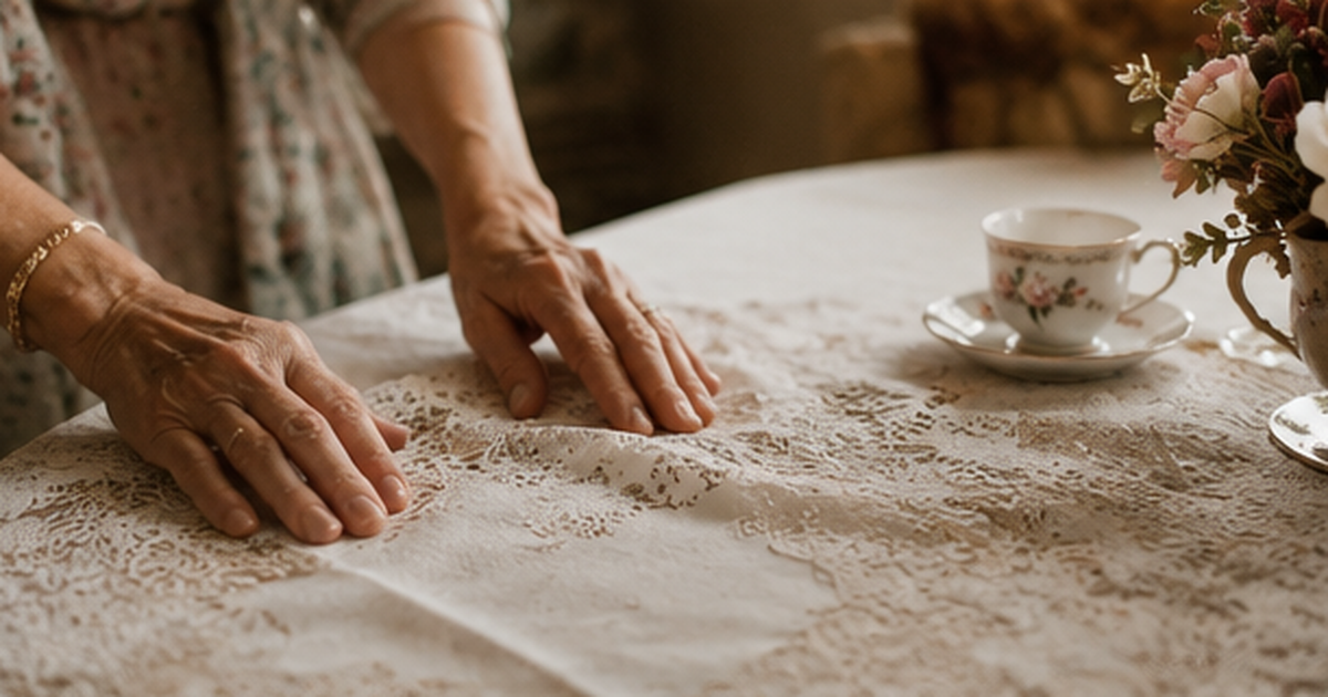 An older woman's hands smoothing a lace tablecloth, a rose-patterned teacup and small bouquet of flowers beside her